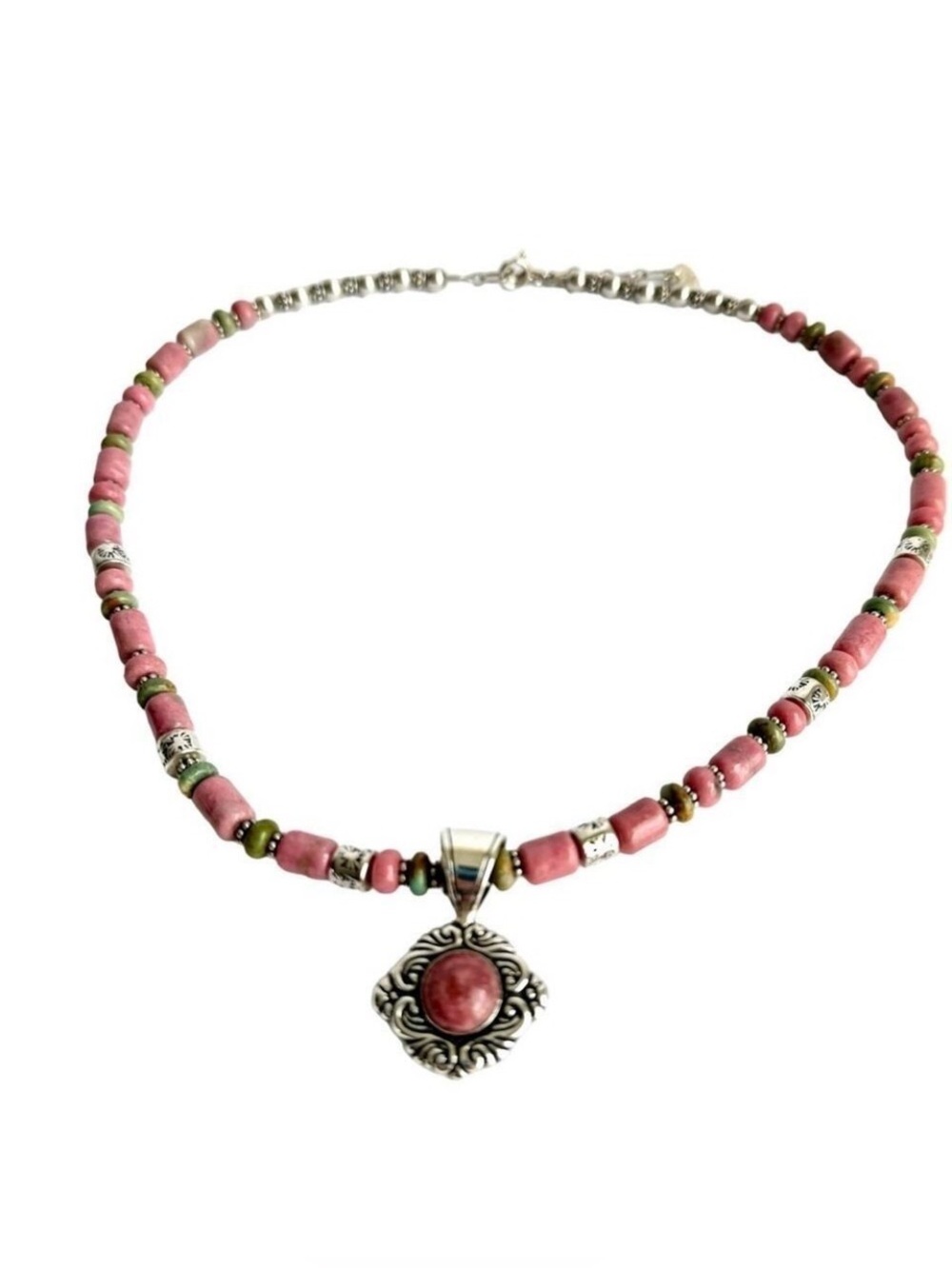 Carolyn Pollack Pink‎ Rhodonite Turquoise Necklace Beaded Sterling Silver 19.5”